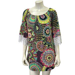 Win win Boho Tunic Top With Colorful Mandala Print & Lace Bell Sleeves Size L-XL